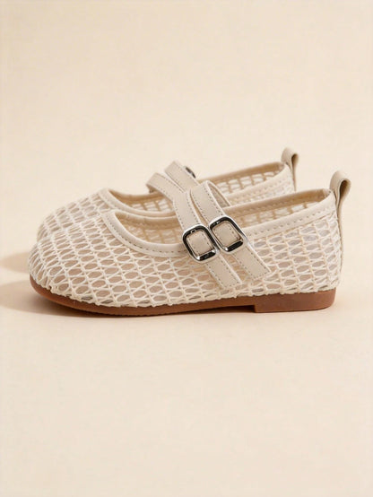 3-12 Years Old Girls Adjustable Strap Beige Mary Jane Sandals, Silver Buckle Mesh Double Strap, Minimalist Fashion For School And Party Wear, Back To School