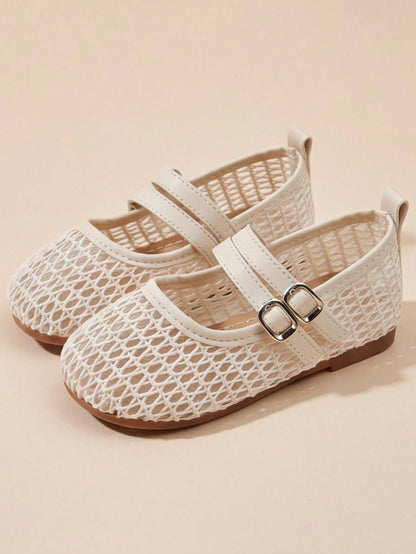 3-12 Years Old Girls Adjustable Strap Beige Mary Jane Sandals, Silver Buckle Mesh Double Strap, Minimalist Fashion For School And Party Wear, Back To School
