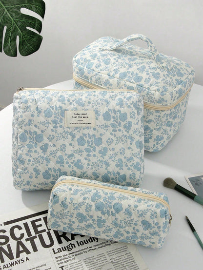 3/2/1pc/Set Quilted White Zipper Makeup Bag, Fashion Casual Large Capacity Portable Zipper Makeup Bag, Travel Storage Stationery Storage, Vacation Essential Makeup Bag, Wired Earphones, Earphones, Cha