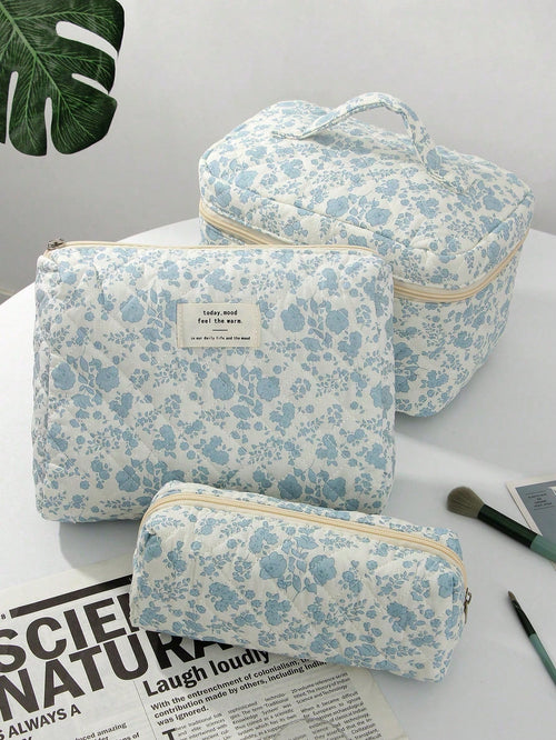 3/2/1pc/Set Quilted White Zipper Makeup Bag, Fashion Casual Large Capacity Portable Zipper Makeup Bag, Travel Storage Stationery Storage, Vacation Essential Makeup Bag, Wired Earphones, Earphones, Cha