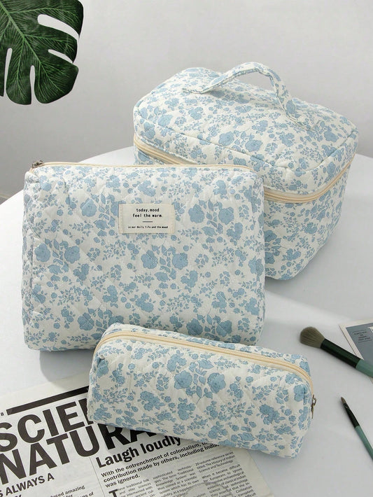 3/2/1pc/Set Quilted White Zipper Makeup Bag, Fashion Casual Large Capacity Portable Zipper Makeup Bag, Travel Storage Stationery Storage, Vacation Essential Makeup Bag, Wired Earphones, Earphones, Cha