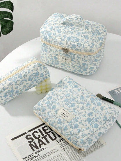 3/2/1pc/Set Quilted White Zipper Makeup Bag, Fashion Casual Large Capacity Portable Zipper Makeup Bag, Travel Storage Stationery Storage, Vacation Essential Makeup Bag, Wired Earphones, Earphones, Cha