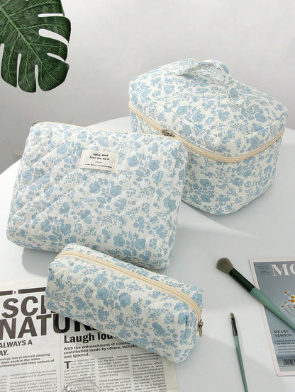 3/2/1pc/Set Quilted White Zipper Makeup Bag, Fashion Casual Large Capacity Portable Zipper Makeup Bag, Travel Storage Stationery Storage, Vacation Essential Makeup Bag, Wired Earphones, Earphones, Cha