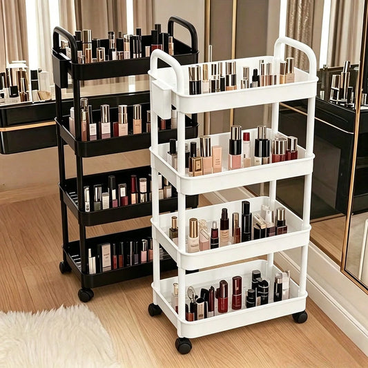 3/4/5-Tier Plastic Rolling Utility Cart With Handle, Multi-Functional Storage Trolley For Office, Living Room,Movable Storage Organizer With Wheels, White And Black