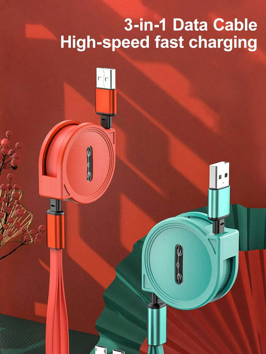 3-In-1 1M Fast Charging Cable, Retractable 1/2/3 Lines, TPE Charging Data Cable, Compatible With Vivo/OPPO And Other Mainstream Brands, Integrated IOS/Android/Type-C Interfaces