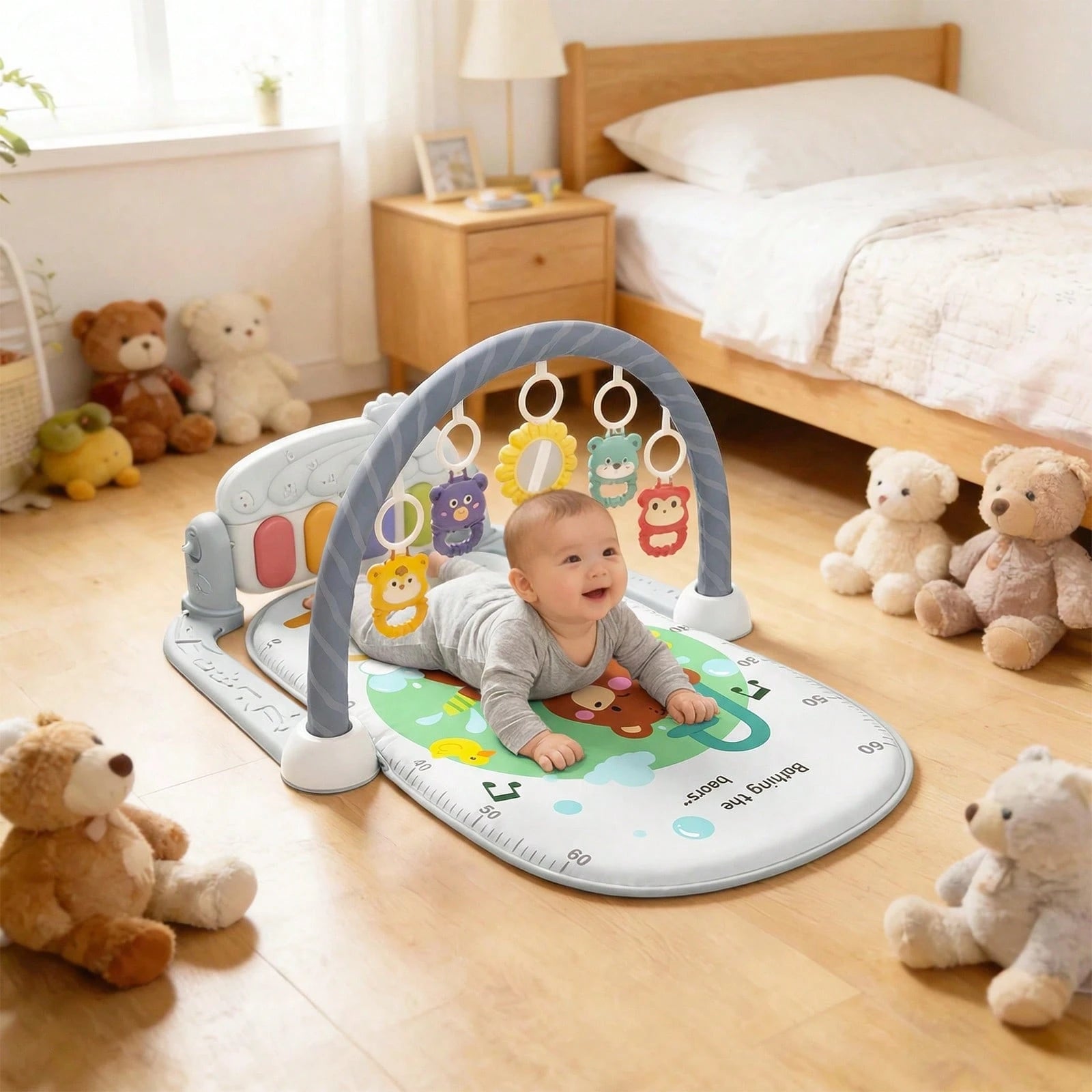 3-In-1 Baby Piano Play Gym Mat, Music Lights + Sensory Toys & Height Chart, Washable Playmat For 0-12M Infant Brain Development