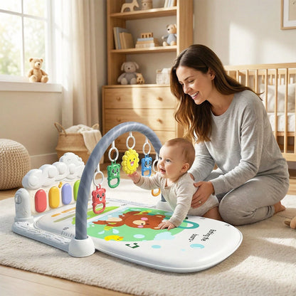 3-In-1 Baby Piano Play Gym Mat, Music Lights + Sensory Toys & Height Chart, Washable Playmat For 0-12M Infant Brain Development
