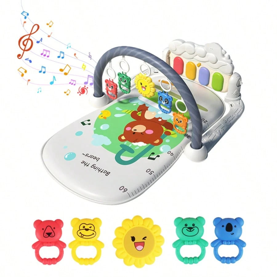 3-In-1 Baby Piano Play Gym Mat, Music Lights + Sensory Toys & Height Chart, Washable Playmat For 0-12M Infant Brain Development