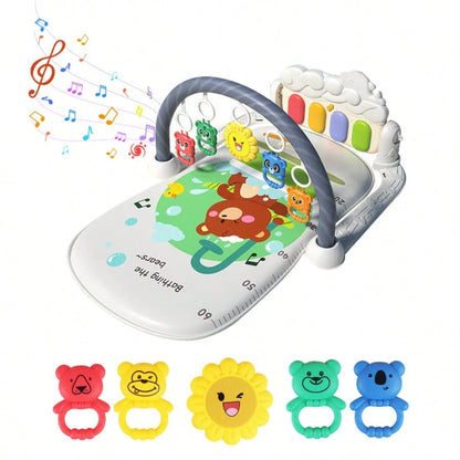 3-In-1 Baby Piano Play Gym Mat, Music Lights + Sensory Toys & Height Chart, Washable Playmat For 0-12M Infant Brain Development