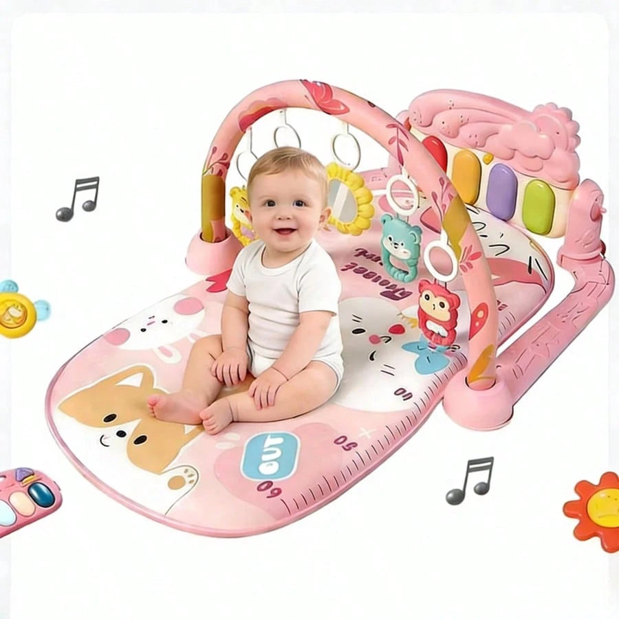 3-In-1 Baby Piano Play Gym Mat, Music Lights + Sensory Toys & Height Chart, Washable Playmat For 0-12M Infant Brain Development