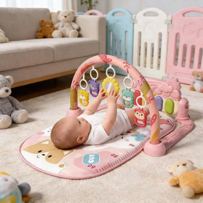 3-In-1 Baby Piano Play Gym Mat, Music Lights + Sensory Toys & Height Chart, Washable Playmat For 0-12M Infant Brain Development