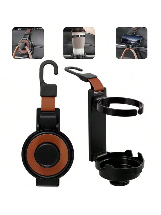 3-In-1 Car Seat Headrest Hanger, Backseat Headrest Hook, Car Phone Holder, And Foldable Cup Holder- Car Interior Accessories