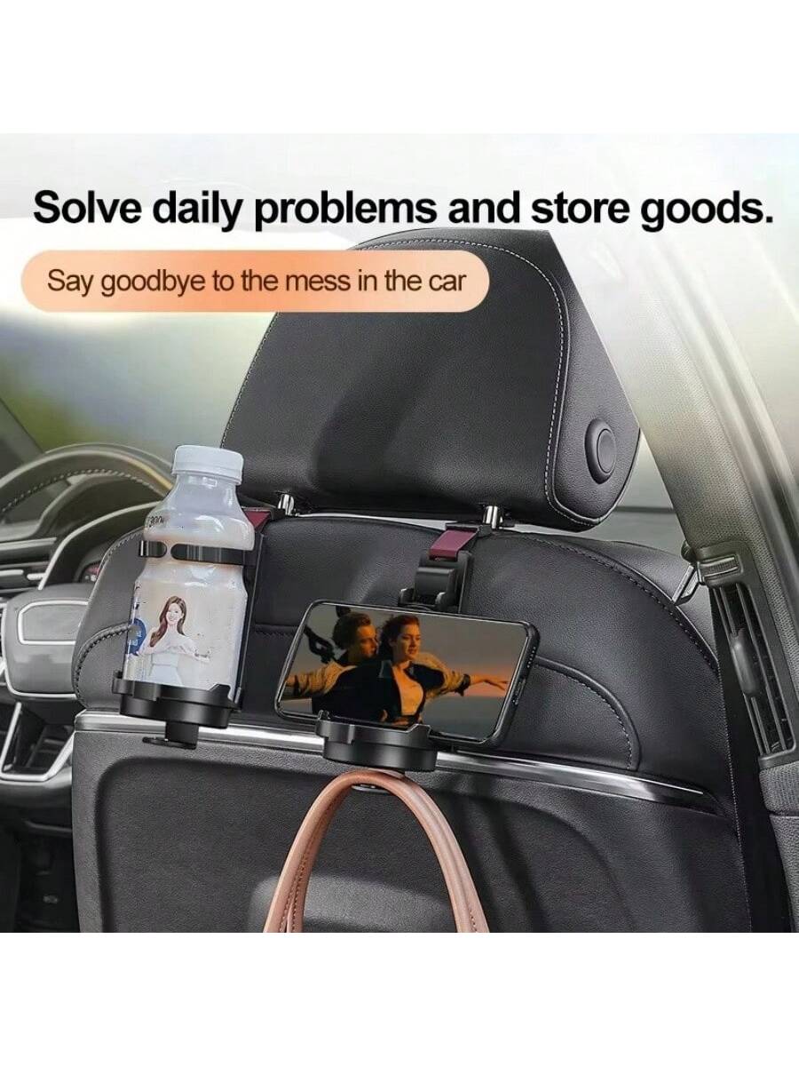 3-In-1 Car Seat Headrest Hanger, Backseat Headrest Hook, Car Phone Holder, And Foldable Cup Holder- Car Interior Accessories