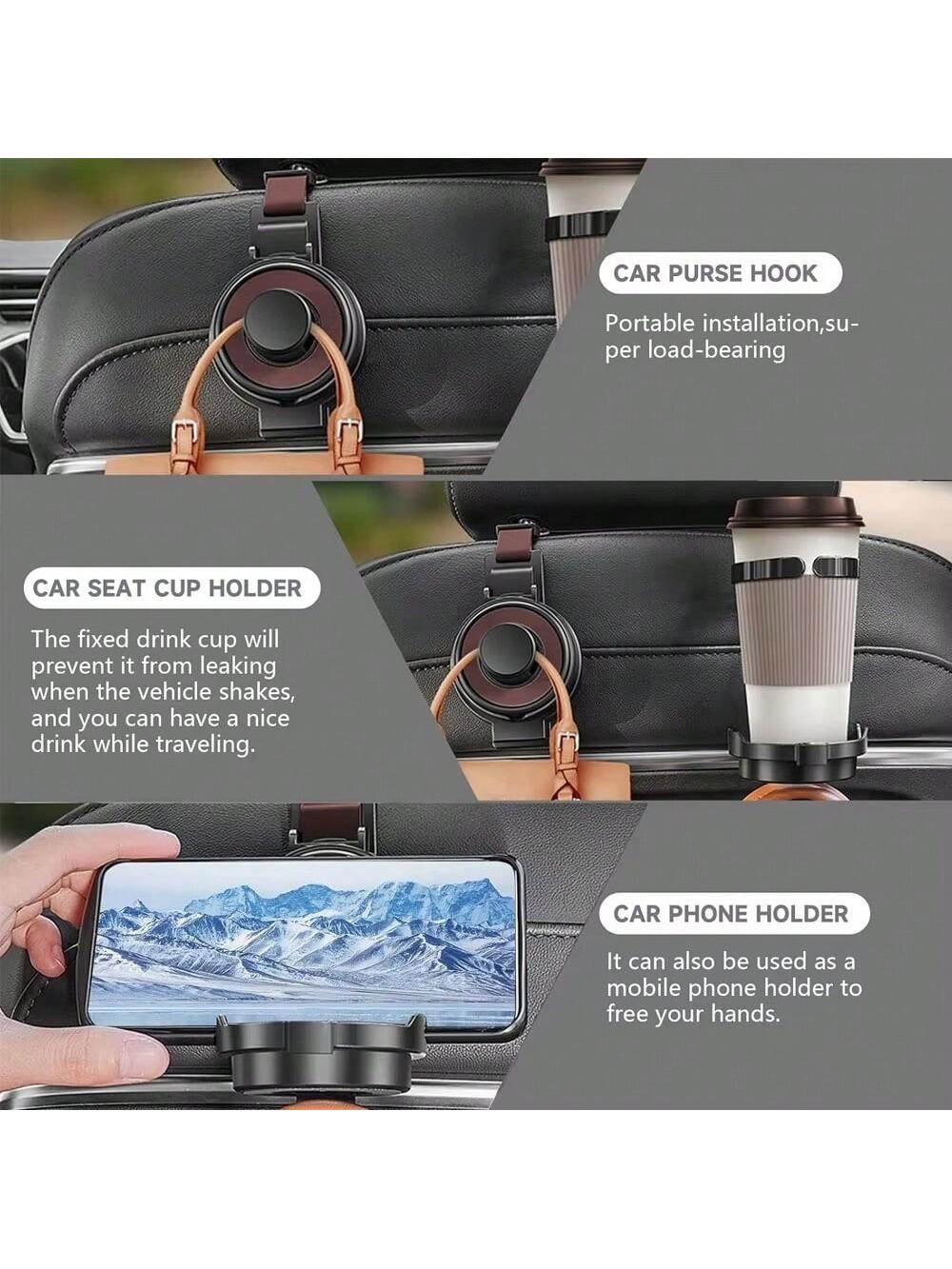 3-In-1 Car Seat Headrest Hanger, Backseat Headrest Hook, Car Phone Holder, And Foldable Cup Holder- Car Interior Accessories