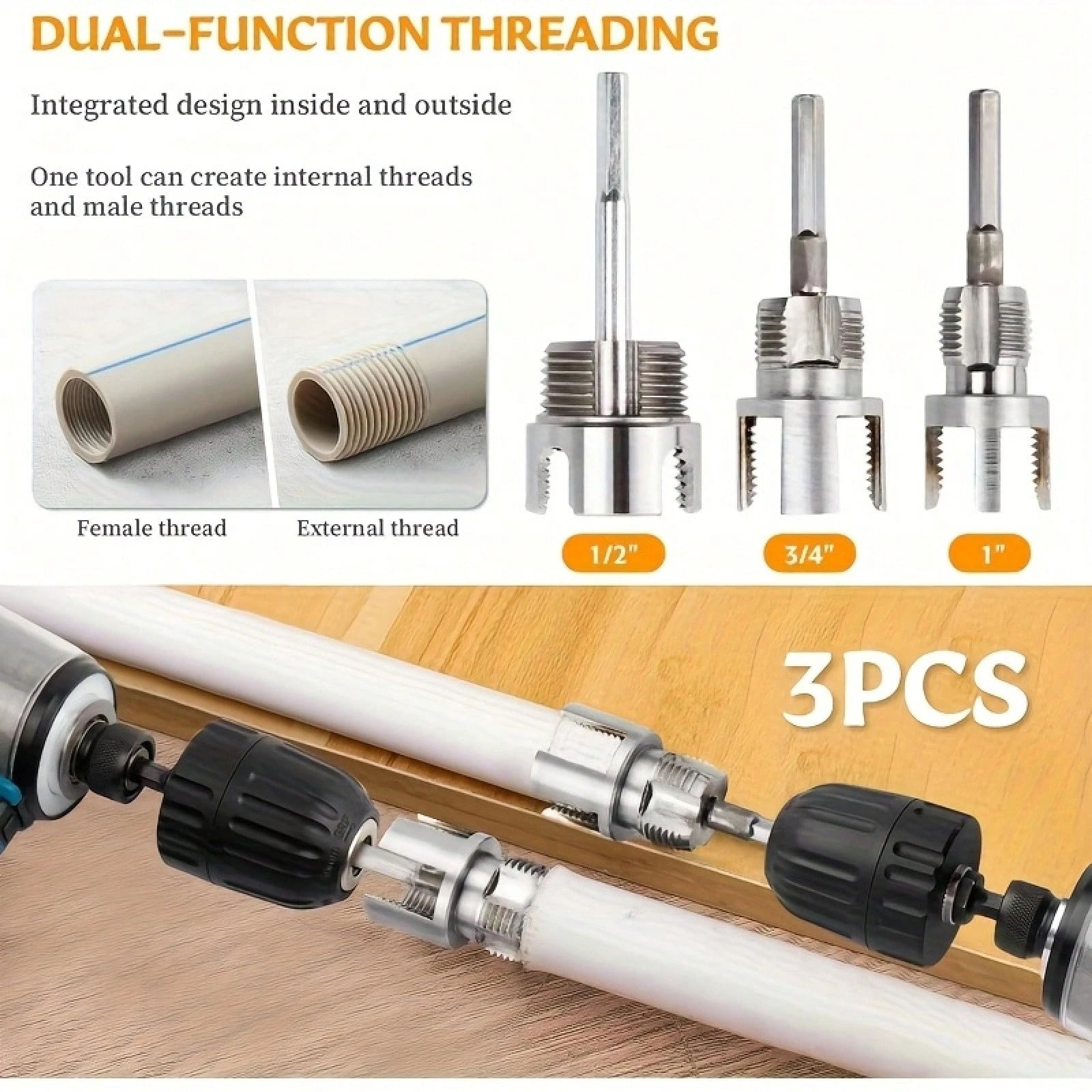 3-Pack Heavy-Duty Pipe Threading Tool Set – 1/2", 3/4", 1" NPT Die & Tap Kit, Drill-Compatible PVC/Plastic Pipe Thread Cutter For DIY & Pro Plumbing (Fits Standard Drills)