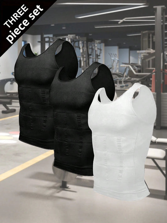 3 Pack Men's Compression Shaper Vest, Tummy Control Waist Trainer Undershirt, Invisible Under Shirts For Gym Workout & Daily Casual Outfit
