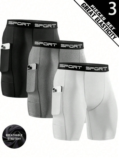 3 Packs Men'S High Elasticity Compression Shorts, Quick-Dry Polyester Running Fitness Pocket Shorts With Side Pockets, Breathable Knit Fabric, Solid Color, For Sports & Training