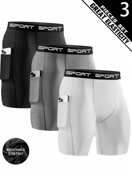 3 Packs Men'S High Elasticity Compression Shorts, Quick-Dry Polyester Running Fitness Pocket Shorts With Side Pockets, Breathable Knit Fabric, Solid Color, For Sports & Training