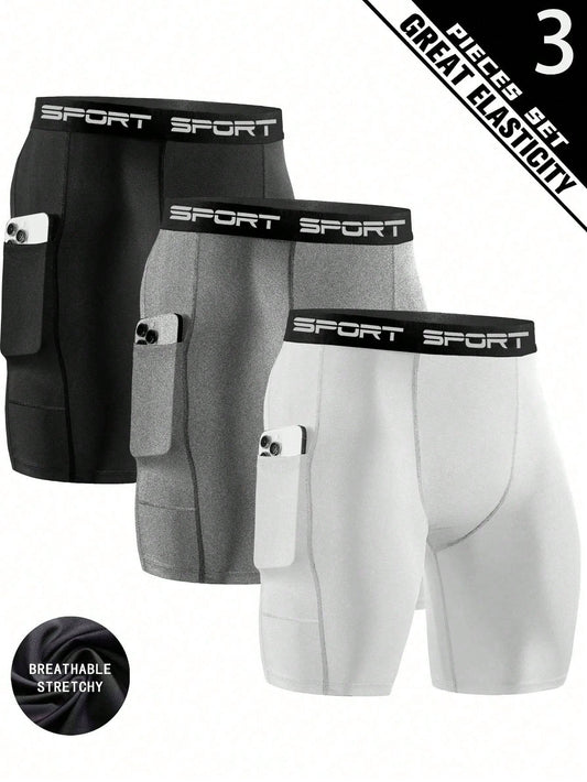 3 Packs Men'S High Elasticity Compression Shorts, Quick-Dry Polyester Running Fitness Pocket Shorts With Side Pockets, Breathable Knit Fabric, Solid Color, For Sports & Training
