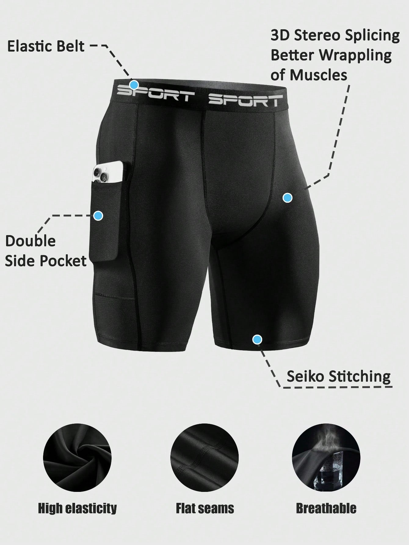 3 Packs Men'S High Elasticity Compression Shorts, Quick-Dry Polyester Running Fitness Pocket Shorts With Side Pockets, Breathable Knit Fabric, Solid Color, For Sports & Training