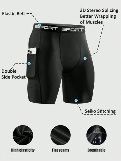 3 Packs Men'S High Elasticity Compression Shorts, Quick-Dry Polyester Running Fitness Pocket Shorts With Side Pockets, Breathable Knit Fabric, Solid Color, For Sports & Training