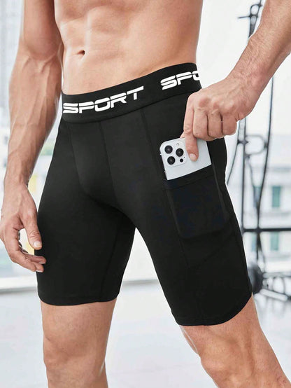 3 Packs Men'S High Elasticity Compression Shorts, Quick-Dry Polyester Running Fitness Pocket Shorts With Side Pockets, Breathable Knit Fabric, Solid Color, For Sports & Training