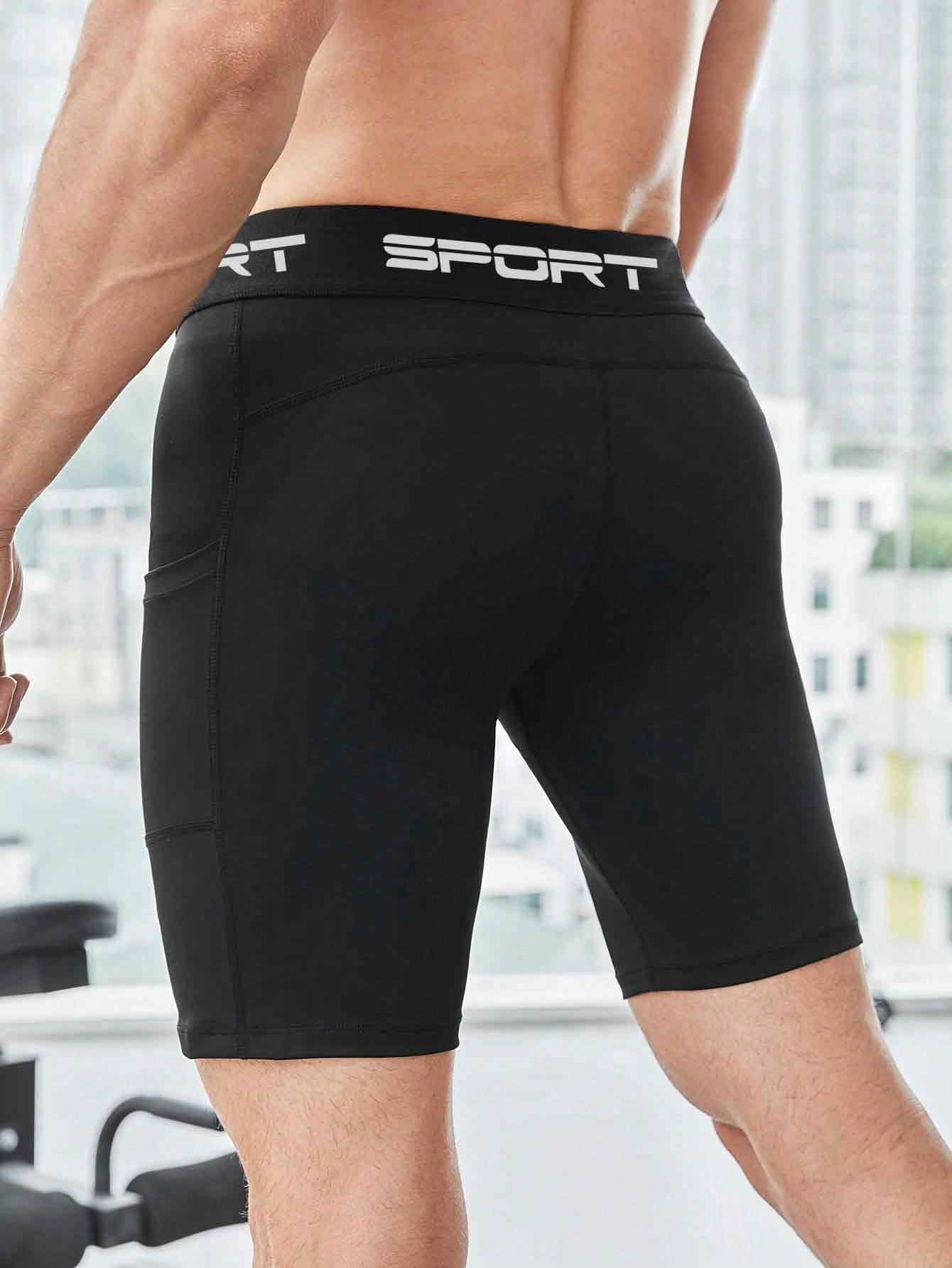 3 Packs Men'S High Elasticity Compression Shorts, Quick-Dry Polyester Running Fitness Pocket Shorts With Side Pockets, Breathable Knit Fabric, Solid Color, For Sports & Training