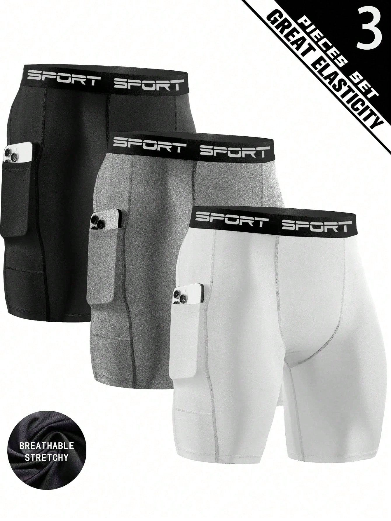 3 Packs Men'S High Elasticity Compression Shorts, Quick-Dry Polyester Running Fitness Pocket Shorts With Side Pockets, Breathable Knit Fabric, Solid Color, For Sports & Training