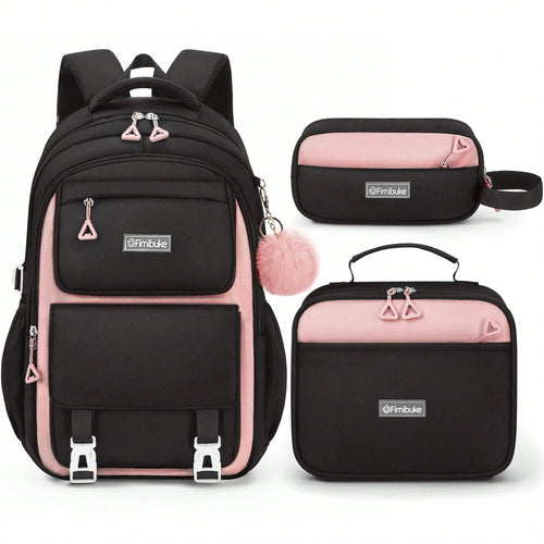 3 PCS School Backpacks For Teens- Cute Backpack With Lunch Box & Pencil Pouch, Lightweight Multi-Pocket Campus Shoulder Bag For Travel, (Pink & Black)