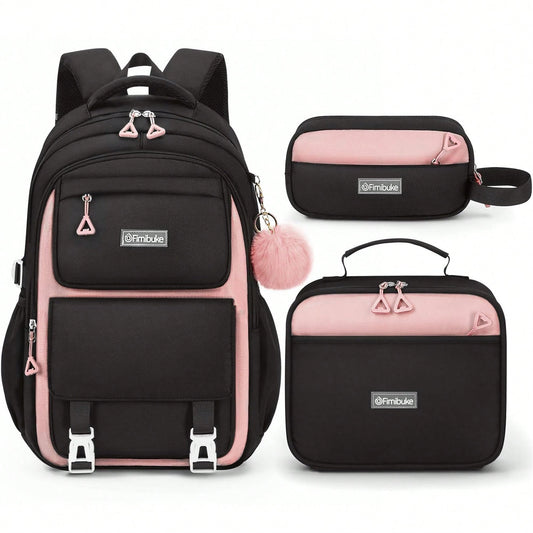 3 PCS School Backpacks For Teens- Cute Backpack With Lunch Box & Pencil Pouch, Lightweight Multi-Pocket Campus Shoulder Bag For Travel, (Pink & Black)