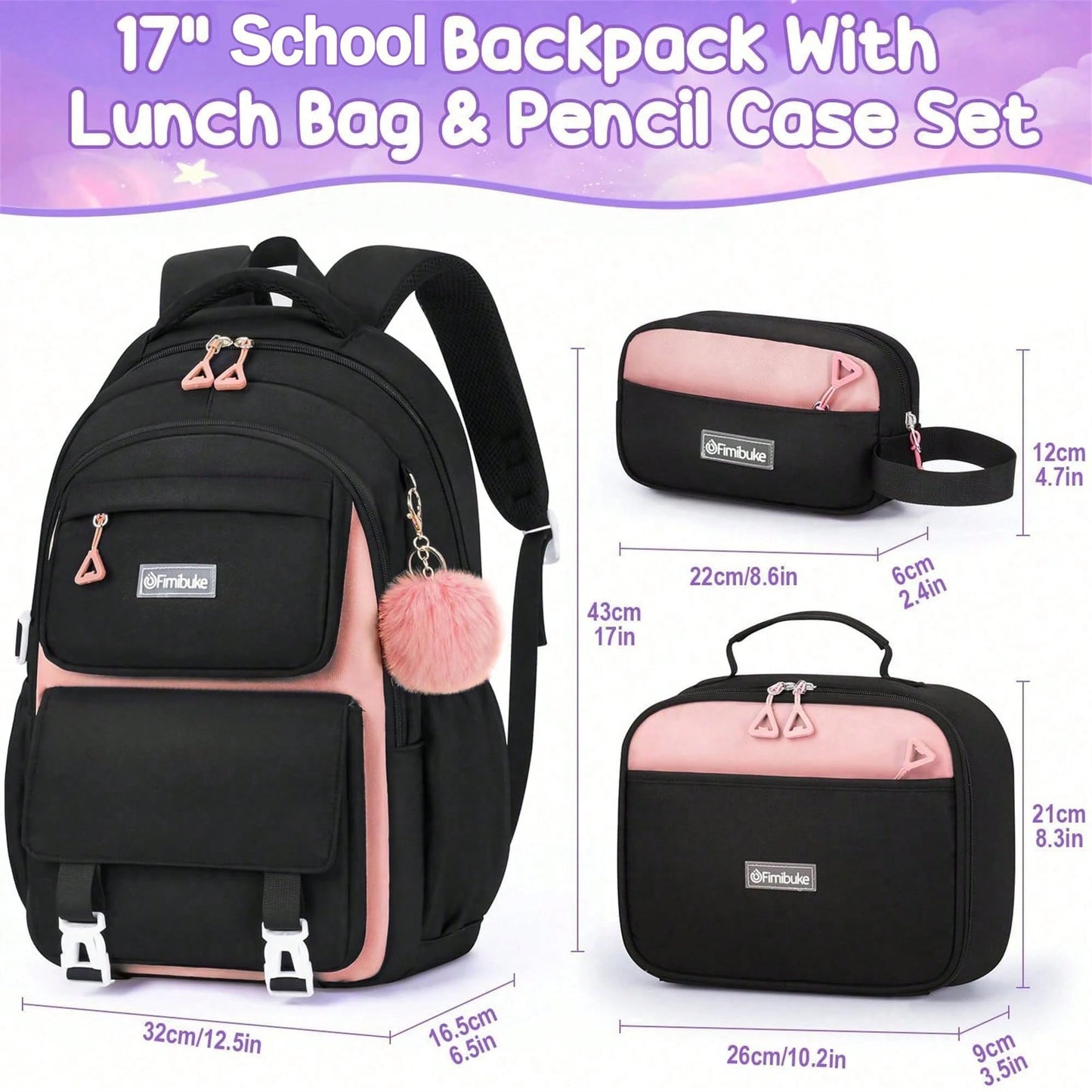 3 PCS School Backpacks For Teens- Cute Backpack With Lunch Box & Pencil Pouch, Lightweight Multi-Pocket Campus Shoulder Bag For Travel, (Pink & Black)