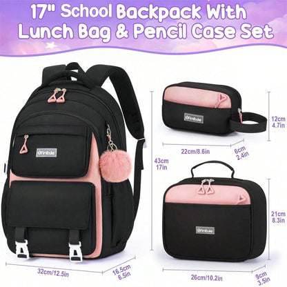 3 PCS School Backpacks For Teens- Cute Backpack With Lunch Box & Pencil Pouch, Lightweight Multi-Pocket Campus Shoulder Bag For Travel, (Pink & Black)