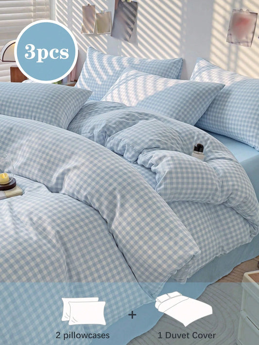 3-Piece Light Blue Plaid Print Duvet Cover Set, Fresh And Cute, Super Soft And Adorable, Suitable For All Seasons, Polyester Duvet Cover, Home Bedding Set, Polyester Material (Duvet Insert Not Include