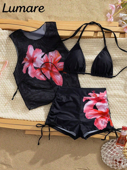 3-Piece Sexy Casual Halter Top, Featuring Hibiscus Floral Pattern Mesh Semi-Sheer Cover-Up, Side Tie Bikini Bottoms, Medium Elastic Fabric, Holiday Bikini Set, Suitable For Vacation Beach And Pool Act