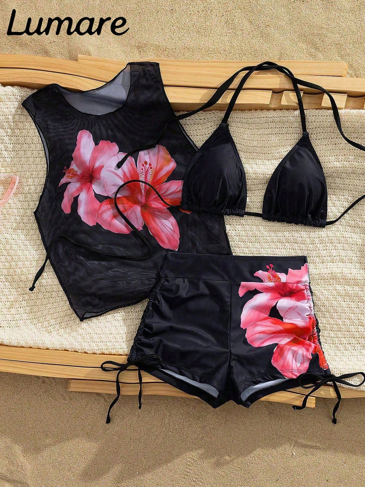 3-Piece Sexy Casual Halter Top, Featuring Hibiscus Floral Pattern Mesh Semi-Sheer Cover-Up, Side Tie Bikini Bottoms, Medium Elastic Fabric, Holiday Bikini Set, Suitable For Vacation Beach And Pool Act