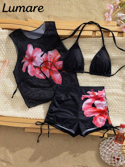 3-Piece Sexy Casual Halter Top, Featuring Hibiscus Floral Pattern Mesh Semi-Sheer Cover-Up, Side Tie Bikini Bottoms, Medium Elastic Fabric, Holiday Bikini Set, Suitable For Vacation Beach And Pool Act