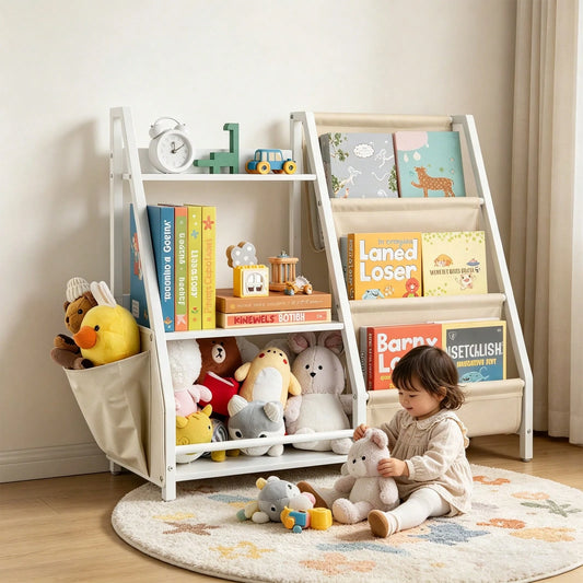 3-Tier Kids Bookshelf, Toy Storage Organizer For Toddler, Book Shelf For Kids Rooms With Sling Book Rack And Storage Bag, Kids Storage Book Shelves For Kids Room, Playroom, Kindergarten, Nursery