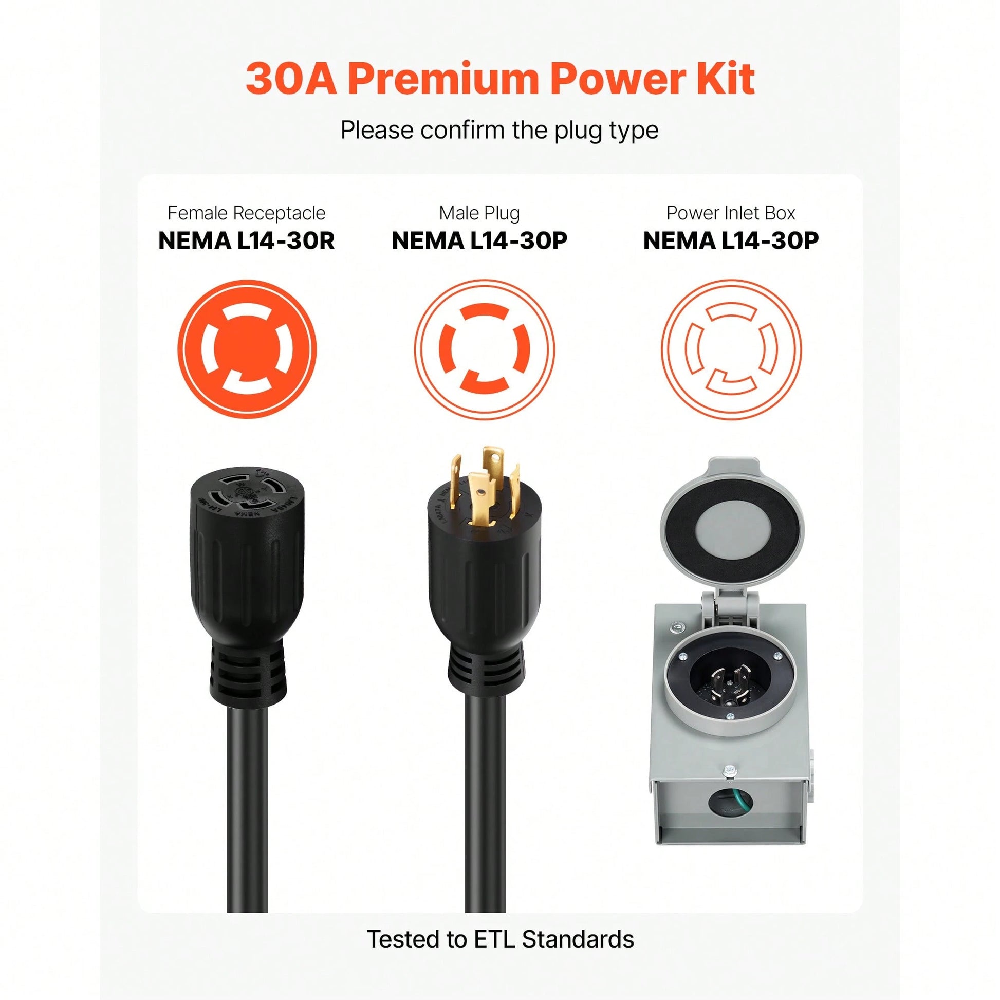 30 Amp Generator Cord And Power Inlet Box, 10 FT, 125/250V NEMA L14-30P To L14-30R Heavy Duty Extension Power Cord, SJTW 10 Gauge 7500W, Pre-Drilled Inlet Box, For Generator To House, ETL Listed