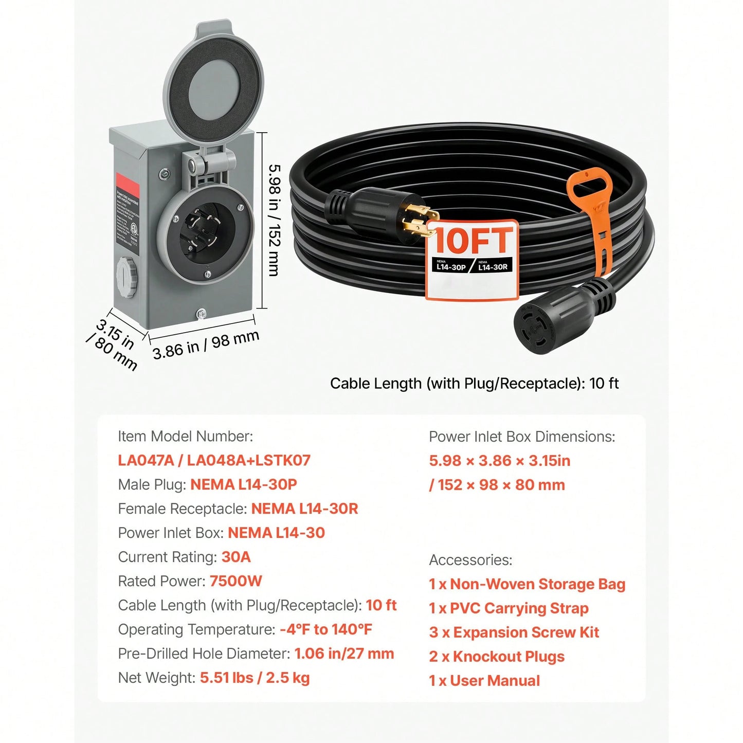 30 Amp Generator Cord And Power Inlet Box, 10 FT, 125/250V NEMA L14-30P To L14-30R Heavy Duty Extension Power Cord, SJTW 10 Gauge 7500W, Pre-Drilled Inlet Box, For Generator To House, ETL Listed
