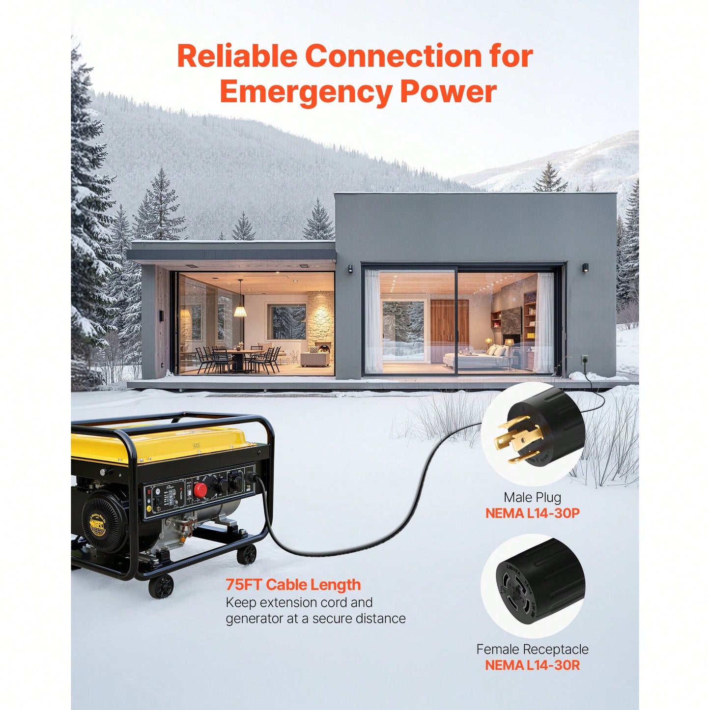 30 Amp Generator Cord And Power Inlet Box, 75 FT, 125/250V NEMA L14-30P To L14-30R Heavy Duty Extension Power Cord, SJTW 10 Gauge 7500W, Pre-Drilled Inlet Box, For Generator To House, ETL Listed