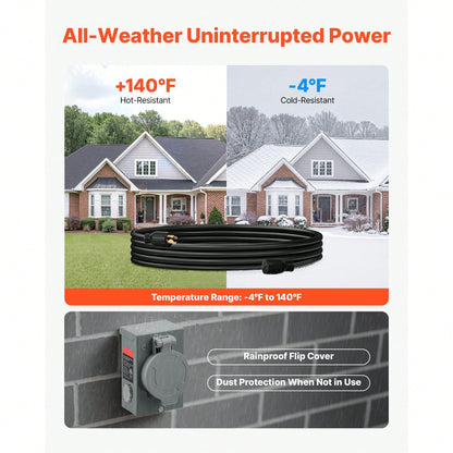 30 Amp Generator Cord And Power Inlet Box, 75 FT, 125/250V NEMA L14-30P To L14-30R Heavy Duty Extension Power Cord, SJTW 10 Gauge 7500W, Pre-Drilled Inlet Box, For Generator To House, ETL Listed