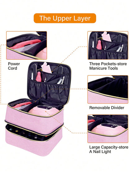 30-Bottle Nail Polish Storage Box- 15ml/0.5oz Capacity, With Tool Organizer Bag And Adjustable Dividers, Dual-Layer Design, Suitable For Nail Art Enthusiasts And Manicurists. Also Can Be Used As Cosm