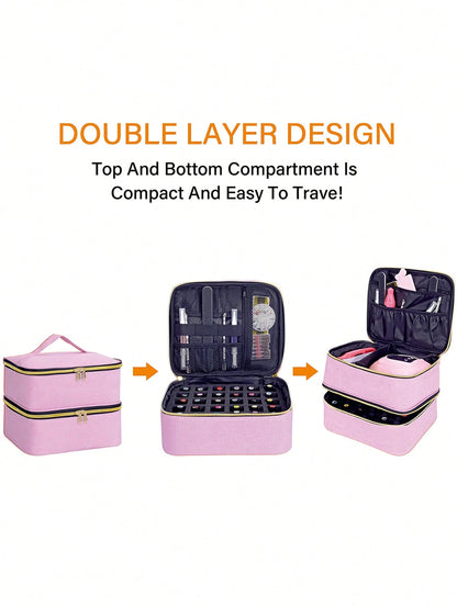 30-Bottle Nail Polish Storage Box- 15ml/0.5oz Capacity, With Tool Organizer Bag And Adjustable Dividers, Dual-Layer Design, Suitable For Nail Art Enthusiasts And Manicurists. Also Can Be Used As Cosm