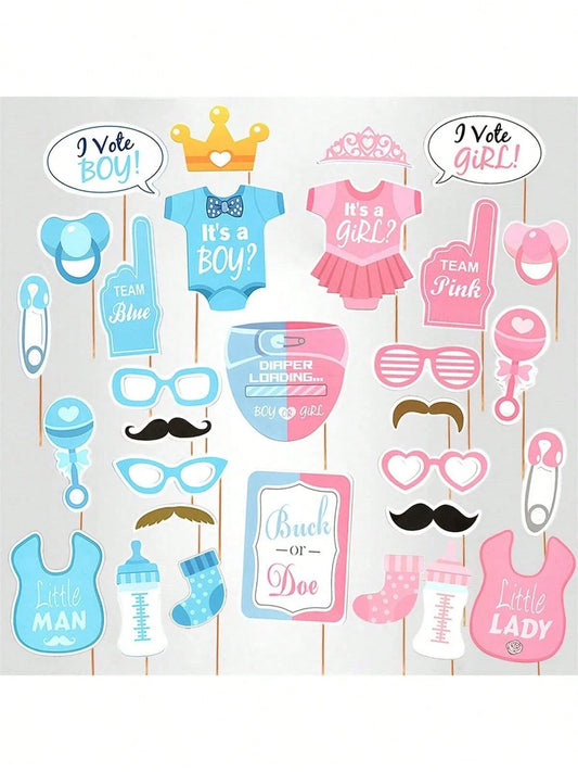 30pcs Gender Reveal Photo Booth Props,Baby Shower Decor,Birthday Decorations,Gender Reveal Decorations