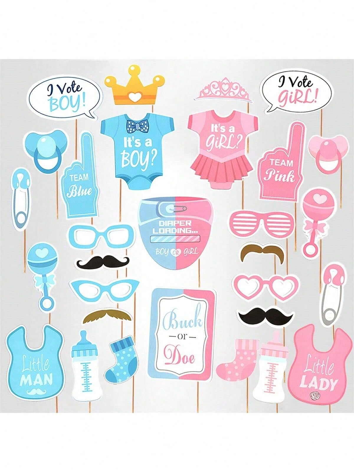 30pcs Gender Reveal Photo Booth Props,Baby Shower Decor,Birthday Decorations,Gender Reveal Decorations