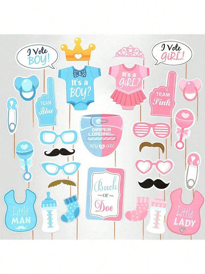 30pcs Gender Reveal Photo Booth Props,Baby Shower Decor,Birthday Decorations,Gender Reveal Decorations