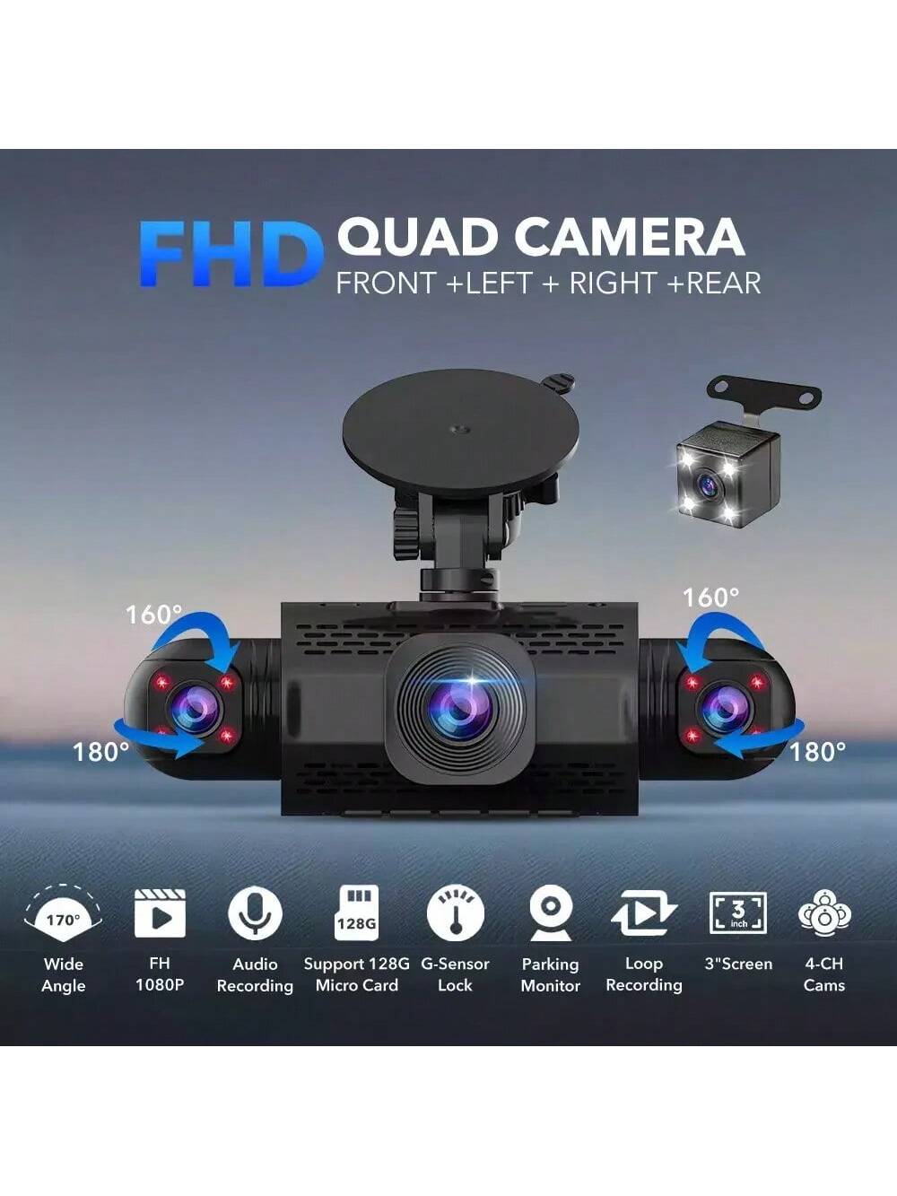 360 Degree View 4 Channel Dash Cam For Cars,Dash Cam Car Camera Front And Rear Inside Left Right For Cars,3 Inch Dashcams For Cars With IR Night Vision,Loop Recording,G-Sensor,24H Parking Mode Monitor
