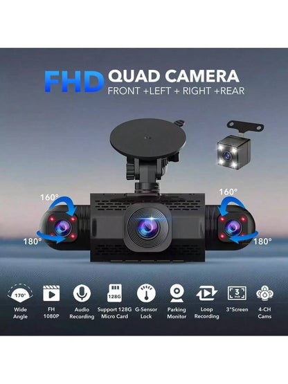 360 Degree View 4 Channel Dash Cam For Cars,Dash Cam Car Camera Front And Rear Inside Left Right For Cars,3 Inch Dashcams For Cars With IR Night Vision,Loop Recording,G-Sensor,24H Parking Mode Monitor