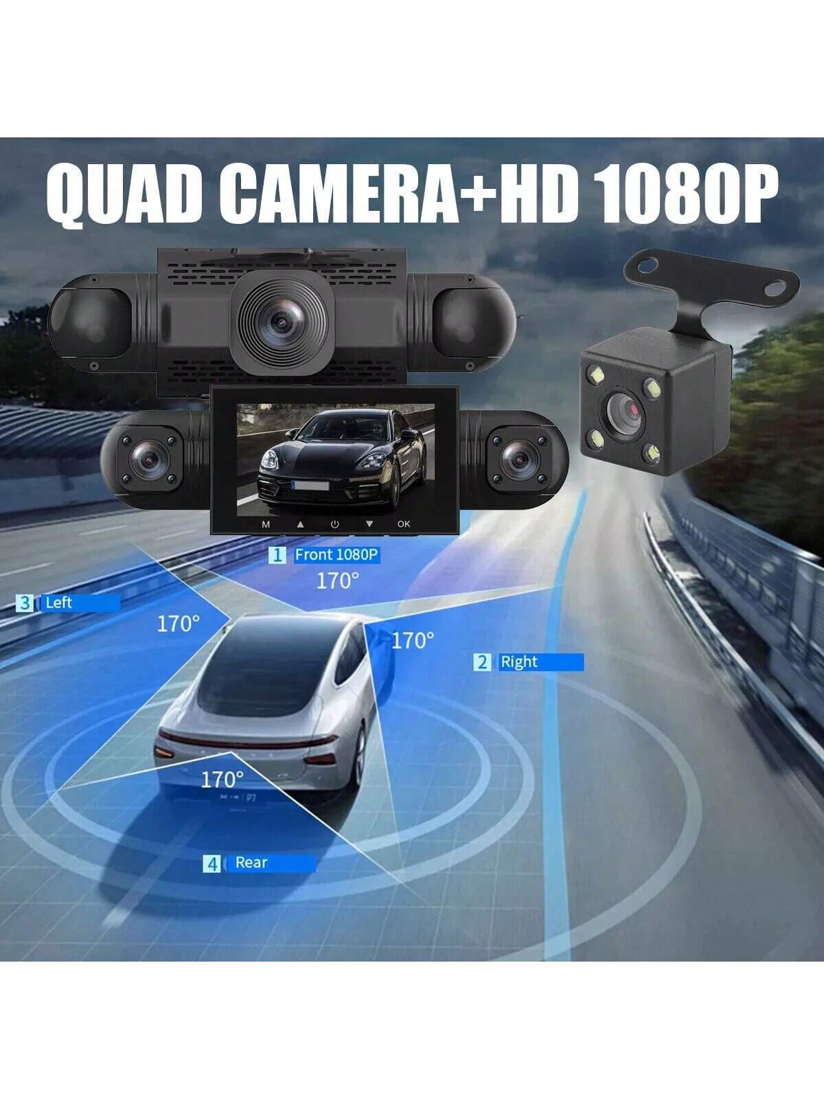 360 Degree View 4 Channel Dash Cam For Cars,Dash Cam Car Camera Front And Rear Inside Left Right For Cars,3 Inch Dashcams For Cars With IR Night Vision,Loop Recording,G-Sensor,24H Parking Mode Monitor