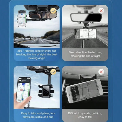360° Rotatable And Retractable Car Phone Holder, Multifunctional Adjustable Mount, Universal Rearview Mirror Phone Holder For All Mobile Phones,Secure Grip For Navigation While Driving, Stylish Access